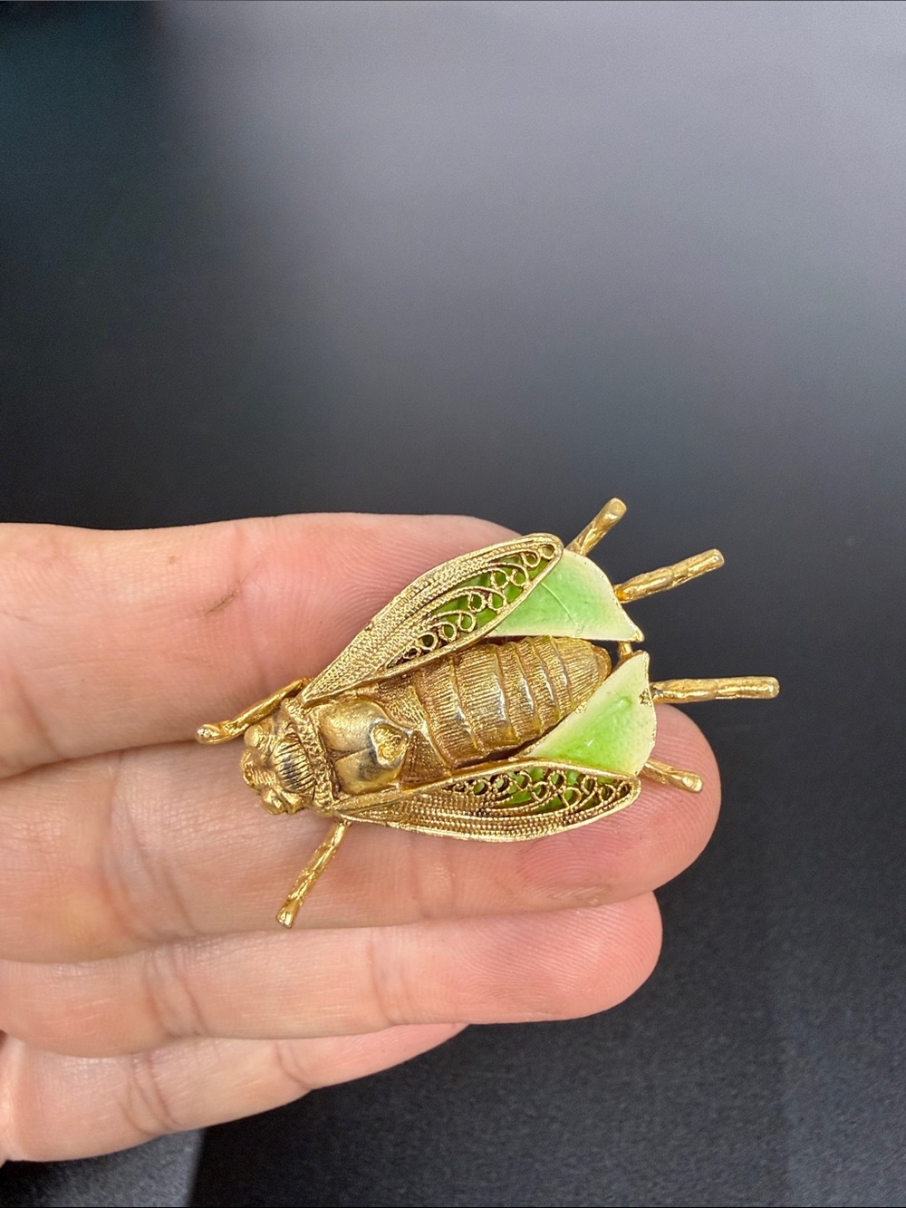 Gold and Green Cicada Brooch Pin - Elegant Enamel Insect Jewelry